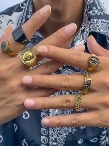 Geometric Crystal 6 Piece Set Stacking Rings, Simple Unique Fashion Trend Alloy Vintage Ring Set for Men, Stylish and Retro Design