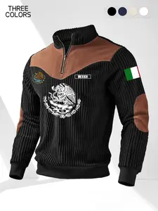 Men's Sweatshirt with Mexican National Emblem and Flag Design, Half-Zip Stand Collar, Faux Leather Shoulder and Elbow Patches, Stylish and Durable for Fall & Winter