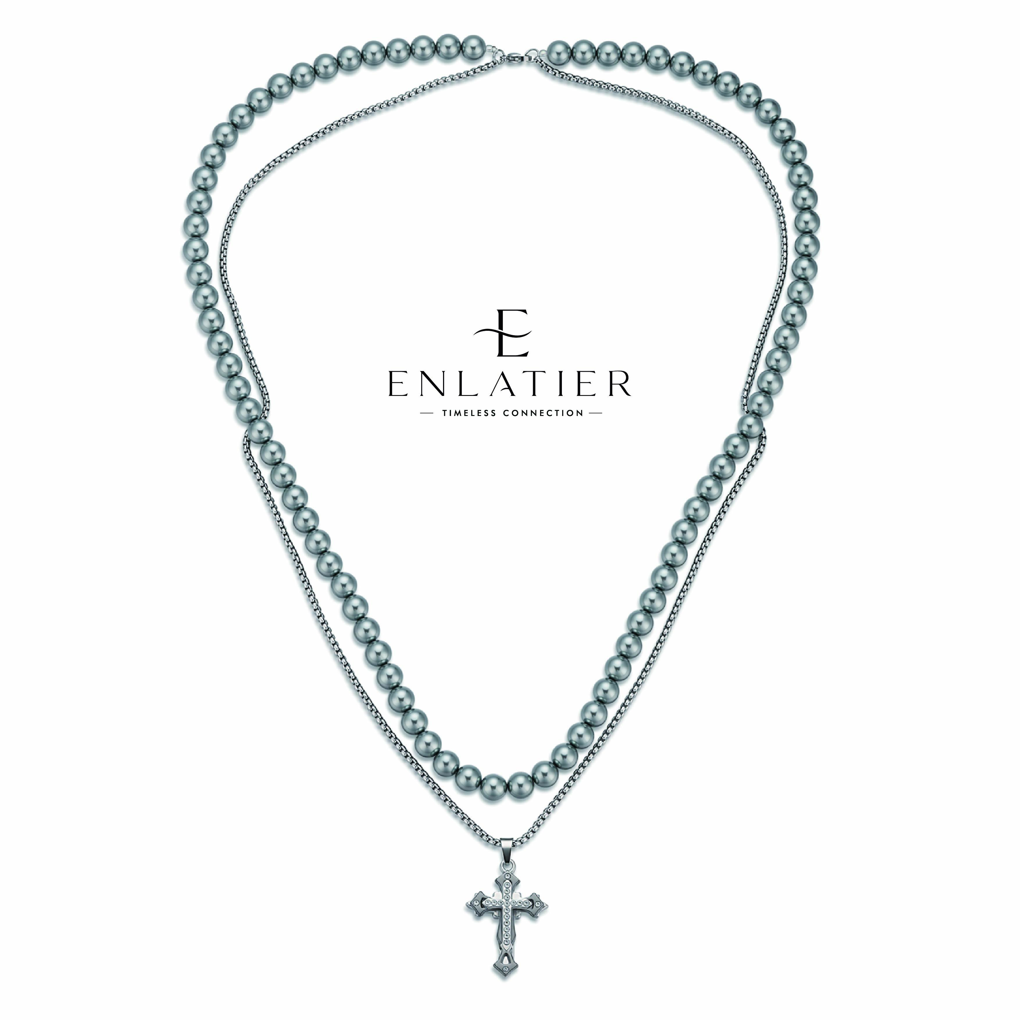Vintage Gray Faux Pearl Cross Necklace, Beaded Chain With Rhinestone Crystal Crucifix Pendant, Double Layer Gunmetal Alloy Jewelry for Men Women, Gothic Hip Hop Punk Streetwear Religious Gift