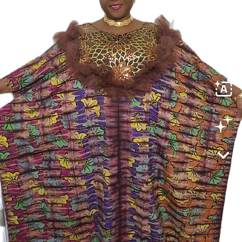 Adire Kampala Tie Dye Bubu Mumu Dressin MultiColor sequenced,with Intricate chest sequenced design, Comfortable Summer Casual Womenswear / Long Sleeve