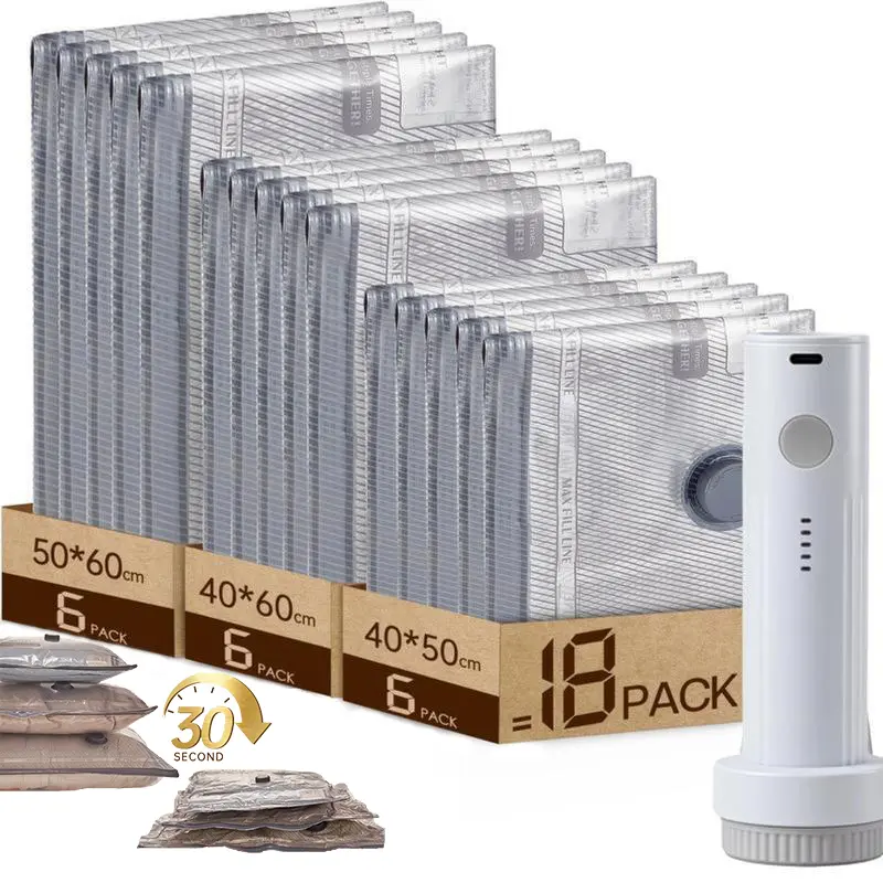 18-Pack 3-Size Cordless Vacuum Packing Seal Storage Compression Bags Set with USB-Rechargeable Handheld Pump, Built-In Battery, 140L/Min Powerful Air Removal, Insect-Proof, Waterproof, Reusable Space Saver for Clothes Packing,dorm essentials,home decor