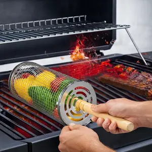 Stainless Steel Rotisserie Basket for Grill, Ideal for Veggies and BBQ Skewers, Easy-to-Use Wooden Handle