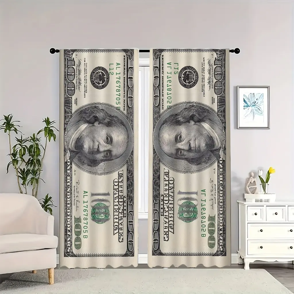 A US dollar bill featuring Franklin's portrait, fitted with blackout curtains on both sides, suitable for living rooms, bedrooms, perfect for New Year's decoration, Home Decoration Curtain, Home Decorative Curtain, Polyester Curtain
