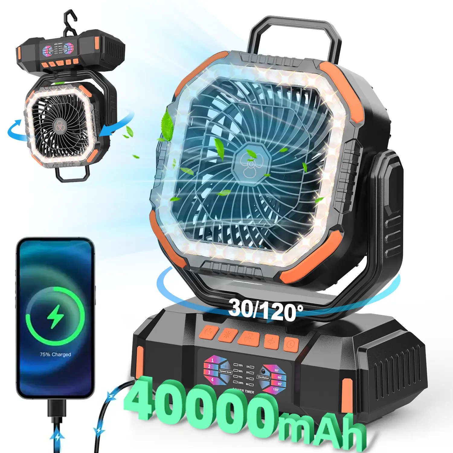 40000mAh Portable Handheld Mini Fan, Rechargeable Battery-Powered Multifunctional Travel Device with Remote, LED Light, 4-Speed Strong Airflow - Camping Fan for Desk, Outdoor Tent, Portable Handheld Fan