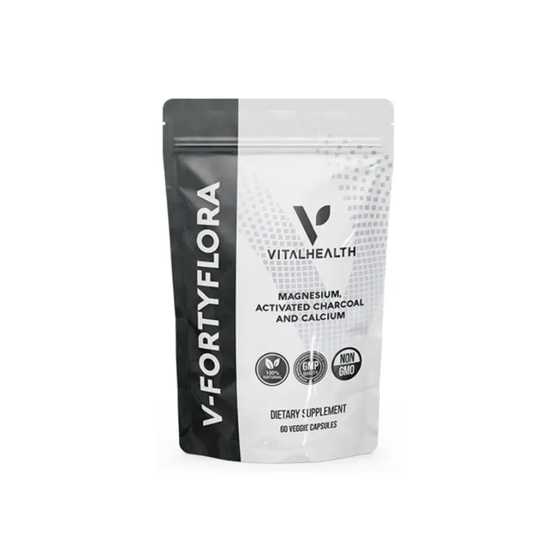 V-Fortyflora Vitalhealth Natural Dietary Supplement with Activated Charcoal, Magnesium & L-Lysine - 60 Veggie Capsules