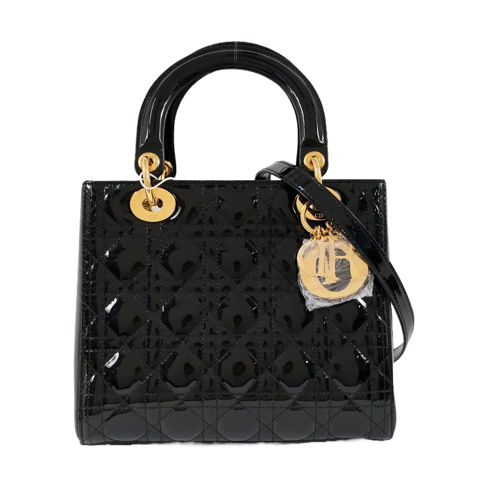 Pre-owned Dior Patent Leather Shoulder Bags Christian Lady Medium Cannage Patent Calfskin Bag with Gold Hardware