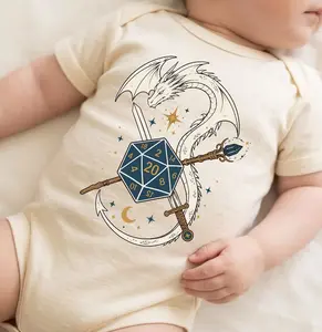 Dragon D20 Baby Onesie, Fantasy Tabletop RPG Bodysuit, Sword and Wizard Staff Nerdy Gamer Baby Shower Gift, Pregnancy Announcement Onesie