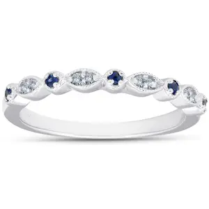 1/5 ct Blue Sapphire & Diamond Wedding Ring Stackable Band 10k White Gold