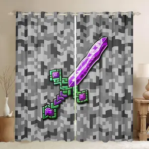 Green Purple Sword Window Curtain,Miner Check Privacy 30-50% Blackout Curtain for Window Video Games Shade Windows Covering for Bedroom Cool Pixel Drapes 2 Panels