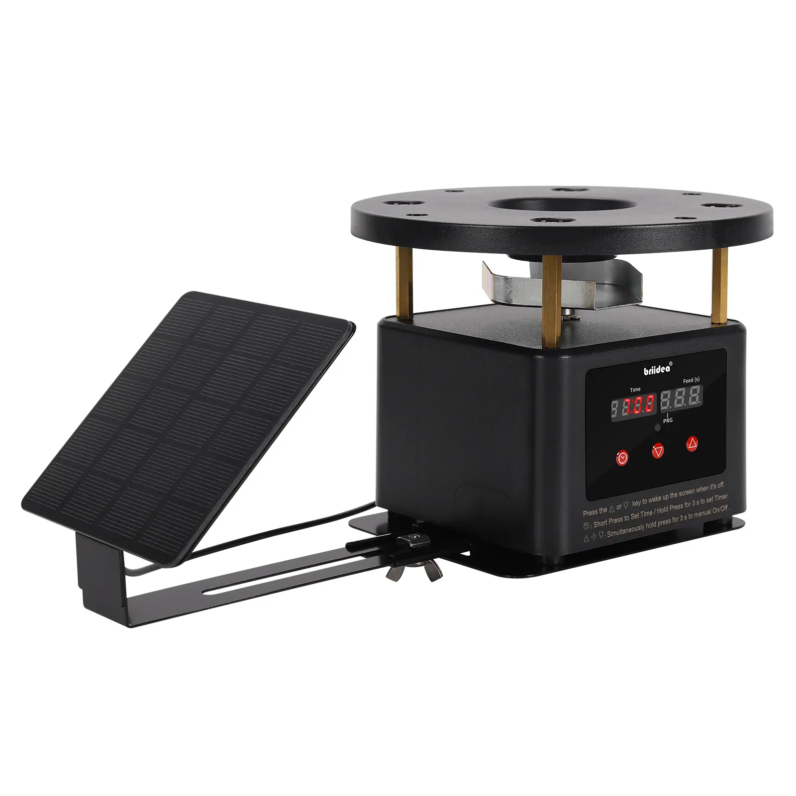 Briidea Solar-Powered Automatic Chicken Feeder with Programmable Timer Kit, 6 Timer Settings, 2-10in Adjustable Bracket, Galvanized Steel Spin Plate, Battery-Powered Backup (4*AA), LED Screen, 8mm Long Screws, User-Friendly Design