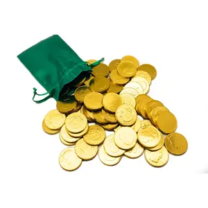 PALMER’S 20 Milk Chocolate Gold Coins (6 oz) in Green Linen Drawstring Pouch & Bag – Lucky St. Paddy’s Day Treats & Party Favor