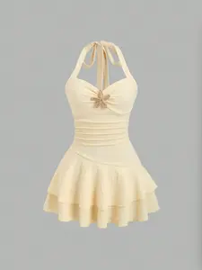 Women's Fashion Dress with Metal Starfish Decoration, Halter Neck Design, Pleated Hem, Plain Pattern, Stylish Evening Wear