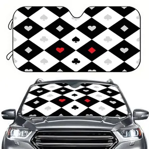 1pc Car Sun Visor, Black and White Red Checkered Poker Pattern Car Sunshade, UV Protection and Cooling, Suitable for Universal Car Models and SUV Decoration