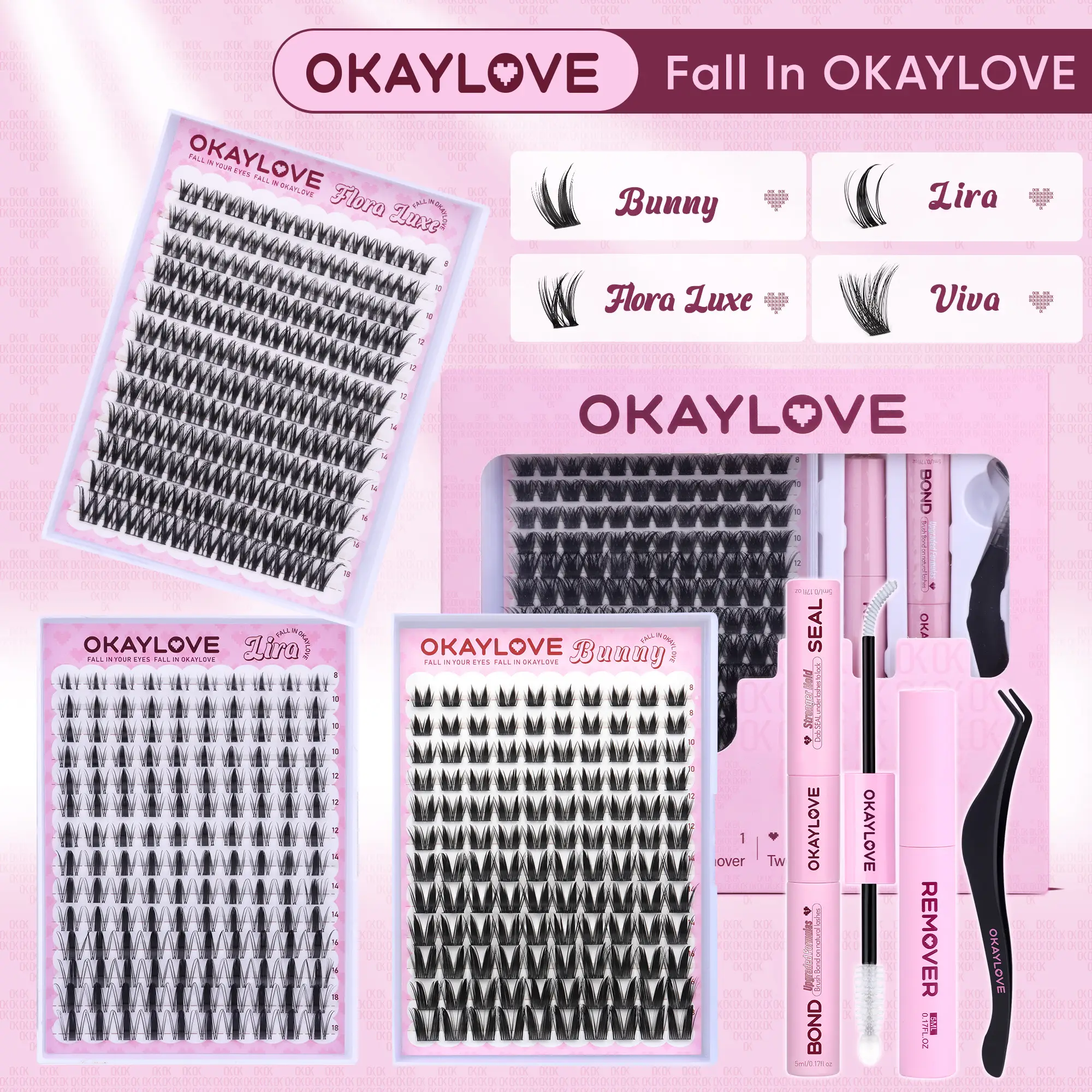OKAYLOVE Lash Clusters Kit with Long-lasting Lash Bond and Seal,Tweezers and Remover for DIY Eyelash at home for Natural Makeup girl gifts