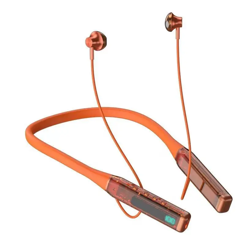 Bluetooth 5.0 Wireless Neckband Headphone - Sweatproof Wireless Headphones with 50H Playback, Digital Screen, Waterproof Design, Stereo Audio, Noise Isolation, Transparent Charging, Low Latency, Stable Connection for Gym, Travel (Earbud Alternative), Wear