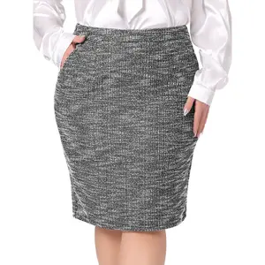 Agnes Orinda Women's Plus Size Tweed High Waisted Back Stretchy Knee Length Pockets Office Pencil Skirts Black 3X