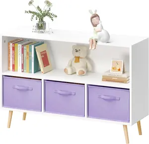 Kids Bookcase and Bookshelf, Multi Shelf Toy Storage Organizer, Kids Bookshelf with 3 Collapsible Fabric Drawers and Pine Legs, Kids Book and Toy Display Rack for Bedroom, Playroom White+Purple