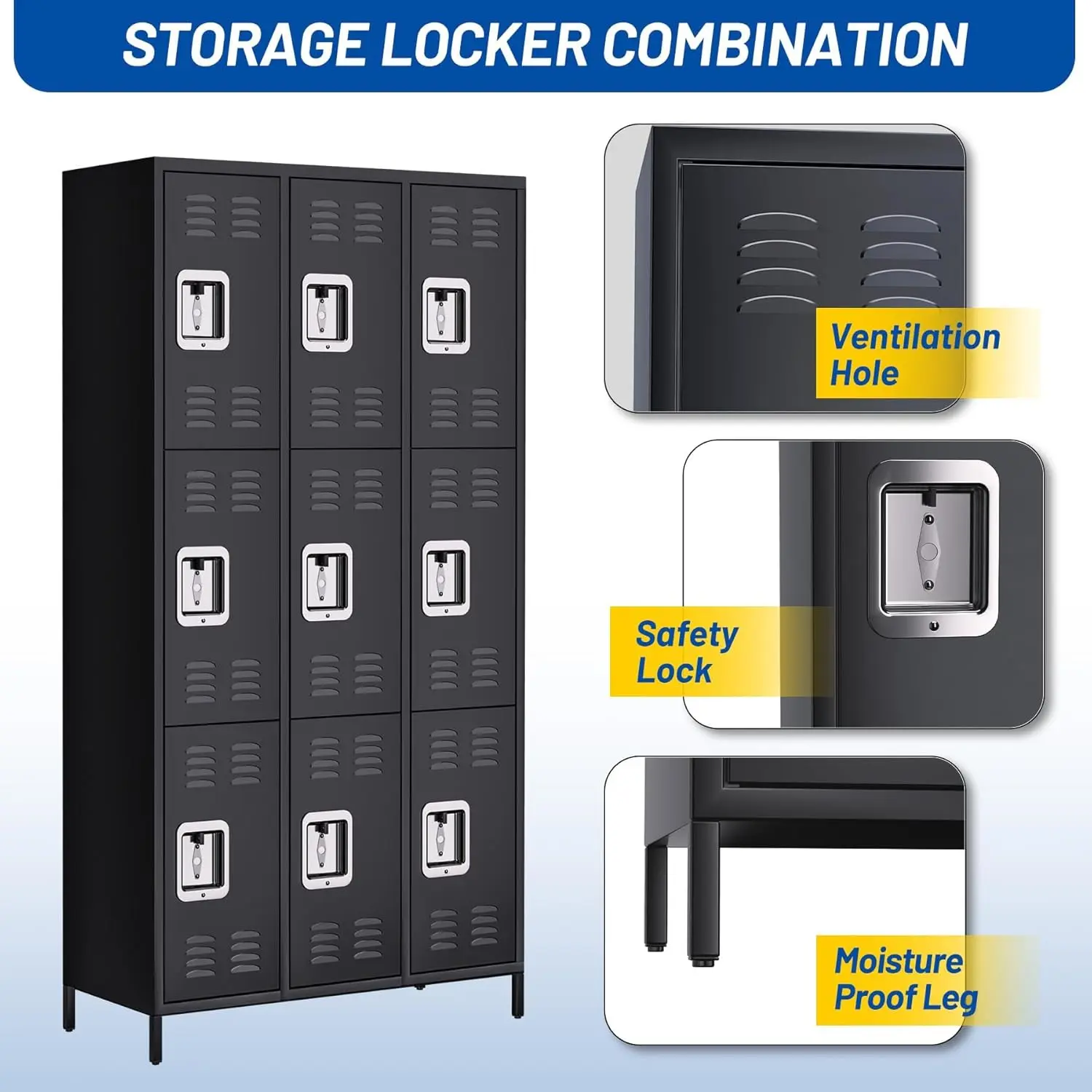 Metal Storage Locker with 9 Doors, Metal Locker for Employees with 18 Hooks for Garage School Office Gym Home, Assembly Required, Black