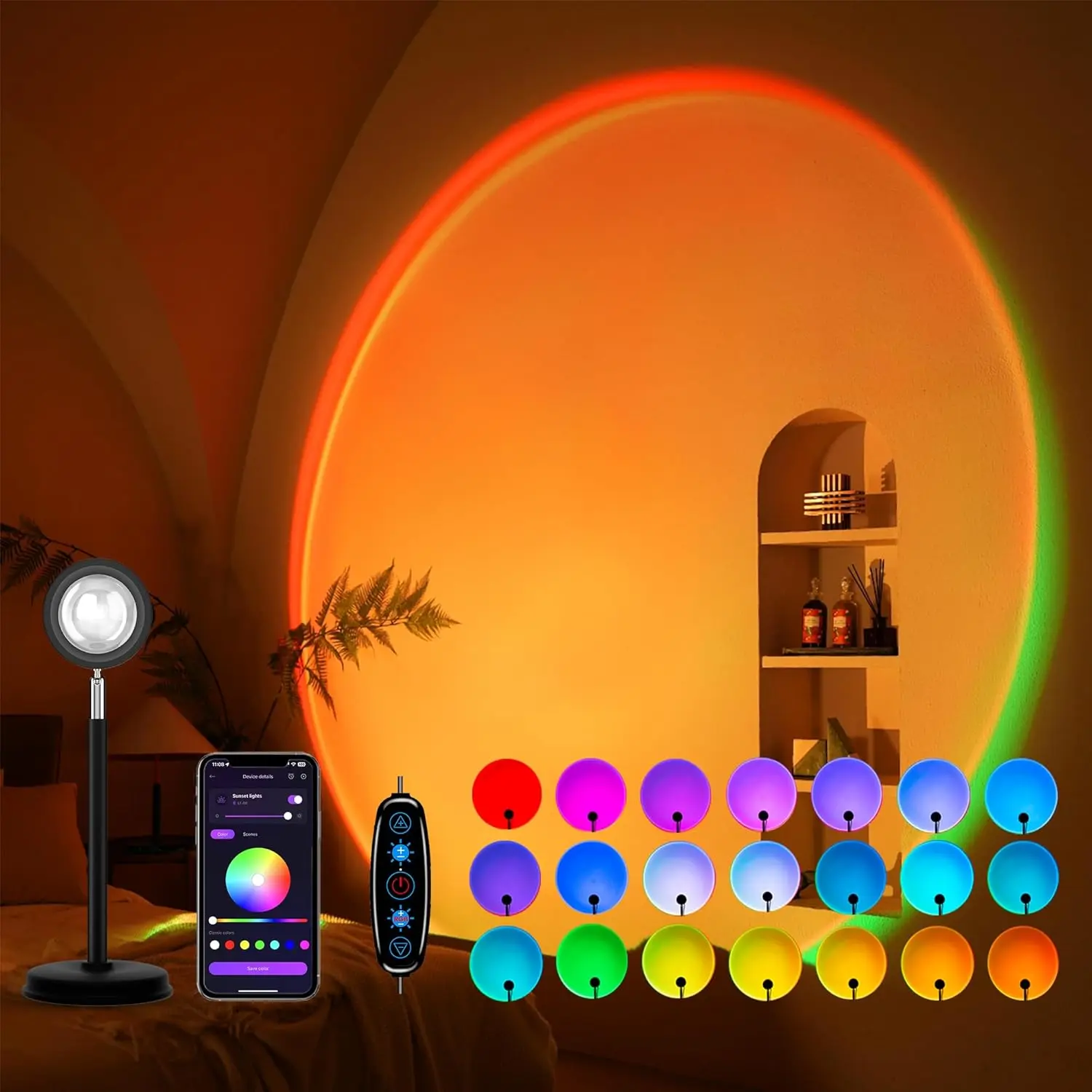 F-DLP32 Adjustable Multi-Colors Romantic Sunset Projection LED Lamp, 21-Color LED Light with 180-Degree Rotation, USB Port, Plastic Body, Push Button & APP Control for Party, Bedroom Decor