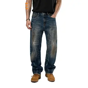 [HME]279 Men'S Heavyweight Washed Wide-Leg Jeans - Men'S Straight-Leg Flared Distressed Jeans - Y2K Street Style Denim (Non-Stretch Fabric) Suitable For All-Season Casual Wear (Classic Blue) - Outdoor Street Jeans | Streetwear & Street Dance