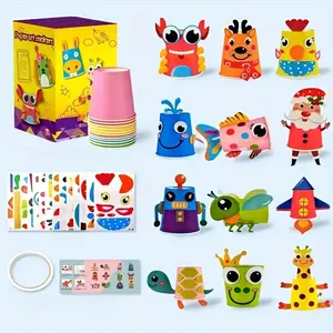 Animal Design Paper Cup Painting Kit, 12pcs/set DIY Craft Kit, Creative Sticker Painting Toy, Sticker Packs, Educational Art and Crafts Set Gift