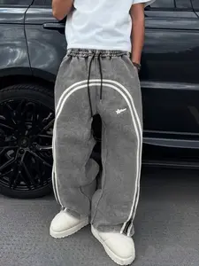 Men's Cotton Casual Long Pants, Trouser, Straight Leg Loose Fit, All-Season Comfort, Side Pockets, Zipper Ankle Design, Spring & Fall Wear, Stripe, Patchwork