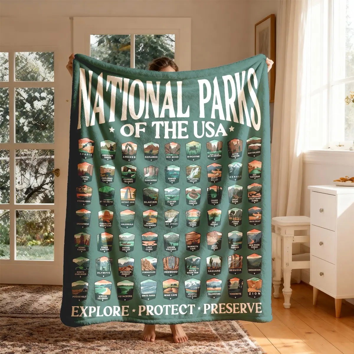 National Park Badge Theme Flannel Blanket, Large Size, Soft Lightweight Warm, Perfect for Bed Sofa Office Camping Travel Blanket Gifts