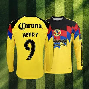 9# Henry Martin 25 26 Mexico LIGA MX Club America Home Yellow Long Sleeve Soccer Jersey Fans Version Breathable