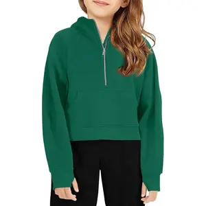 Girls Half Ziper Collar Cropped Hoodies Long Sleeve Fleece Zip Up Pullover Sweatshirts