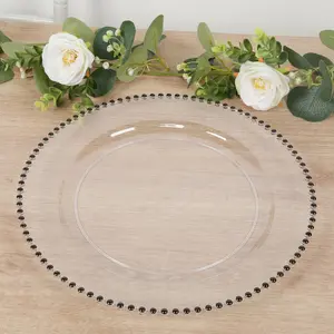 10-Pack Economy Plastic Charger Plates 13" Round Clear with Black Beaded Rim - Stylish Dinner Party Serving Plates