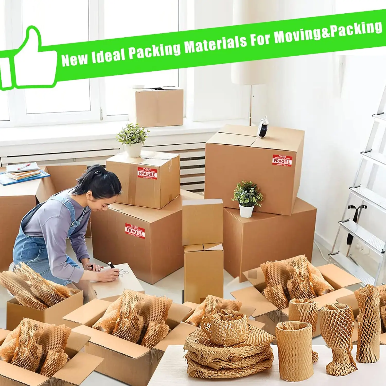 Honeycomb Packing Paper, MINHAO 15"x230' Eco Friendly Packing Paper for Moving Recyclable Honeycomb Paper Moving Supplies Bubble Paper Wrapping Protective Roll, With 36 Fragile Sticker Labels