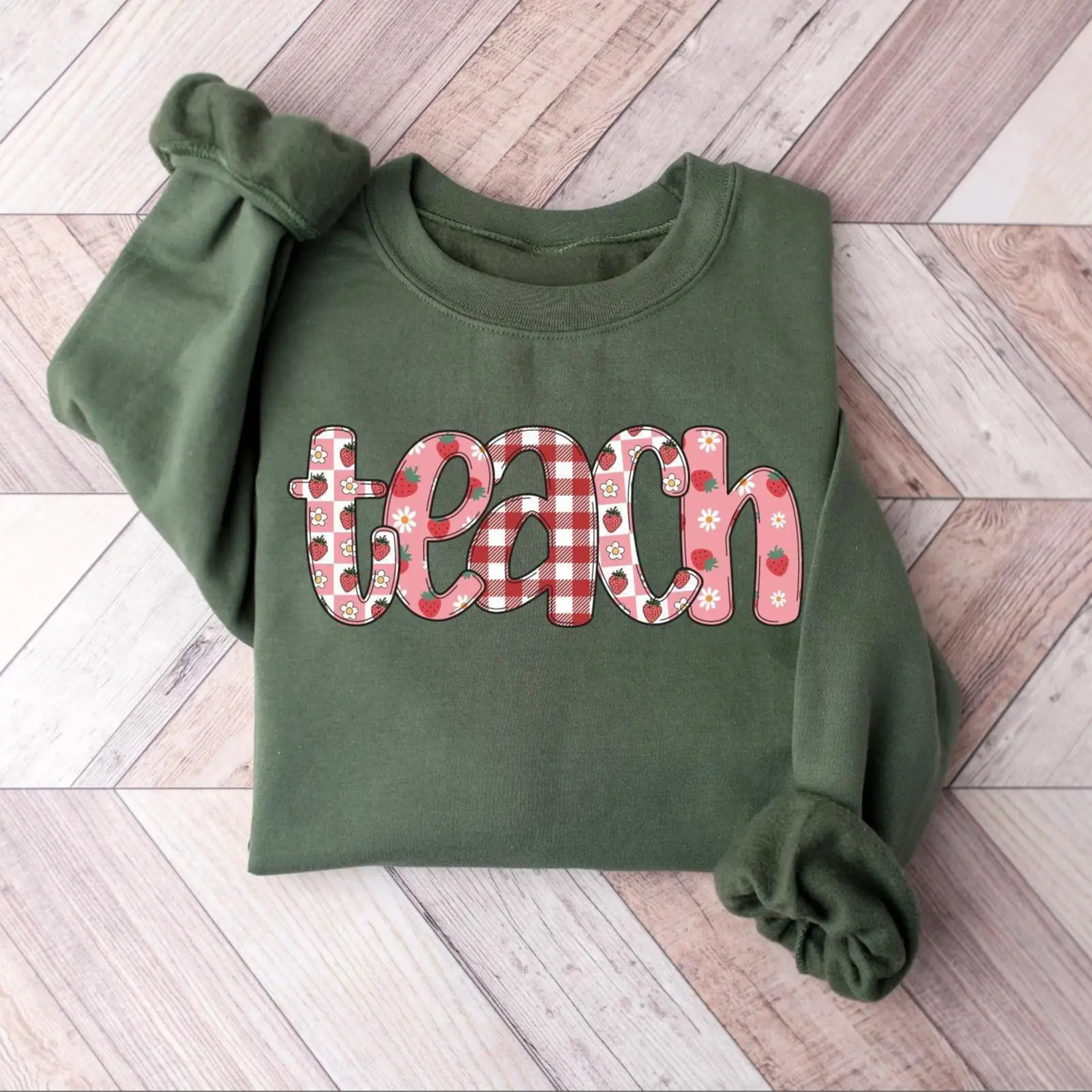 Strawberry Teach Sweatshirt, Cute Teacher Sweatshirt, Teacher Appreciation Gift, Back To School Elementary Teacher Shirt, Team Teacher Gift, School Classroom Educator Pullover, Preschool Kindergarten Teacher Apparel, Unique Gift for Teachers