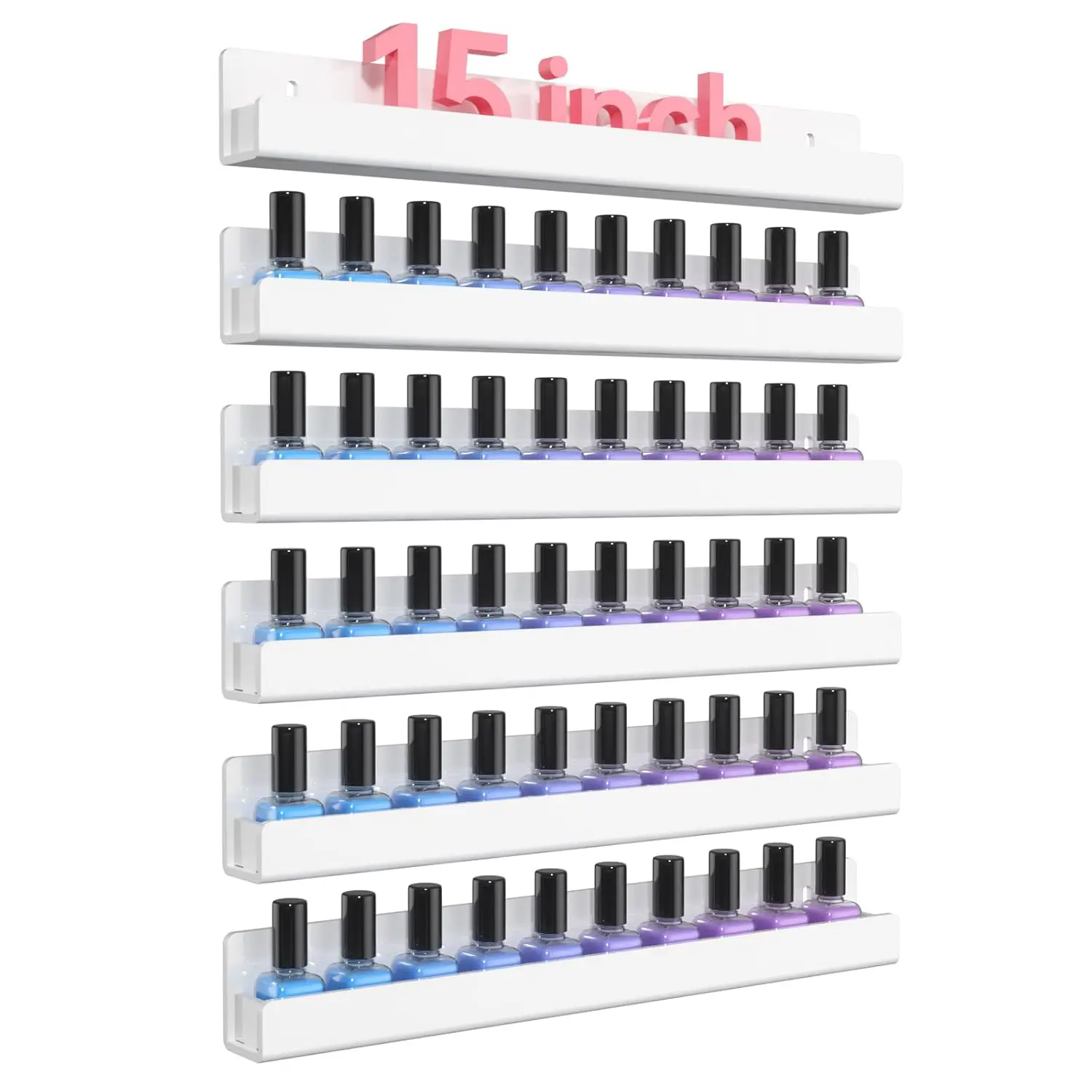 NIUBEE 6 Pack Nail Polish Rack Wall Mounted, Clear Acrylic Nail Polish Shelf for 90 Bottles, 15 Inch Nail Polish Wall Rack, DIY Nail Polish Wall Organizer for Salon, Bathrooms, Retail Shops(White)
