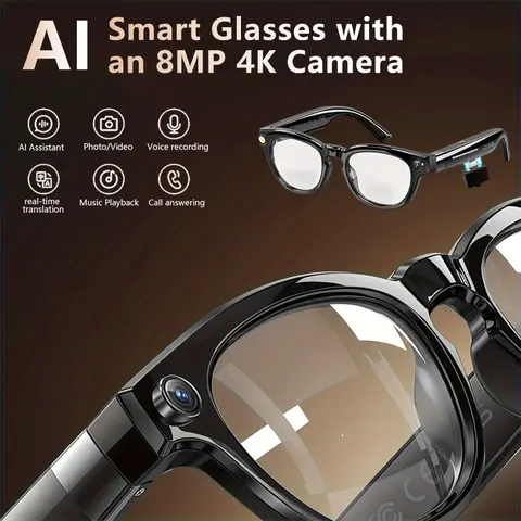 AI Smart Glasses with 8MP HD Camera – 4K Photos, 1080P Video, Real-Time Translation, Voice/Touch Control, Bluetooth Audio & Photochromic Lenses for Travel, Meetings & Vlogging, cool tech gadget. button-touch adjustment