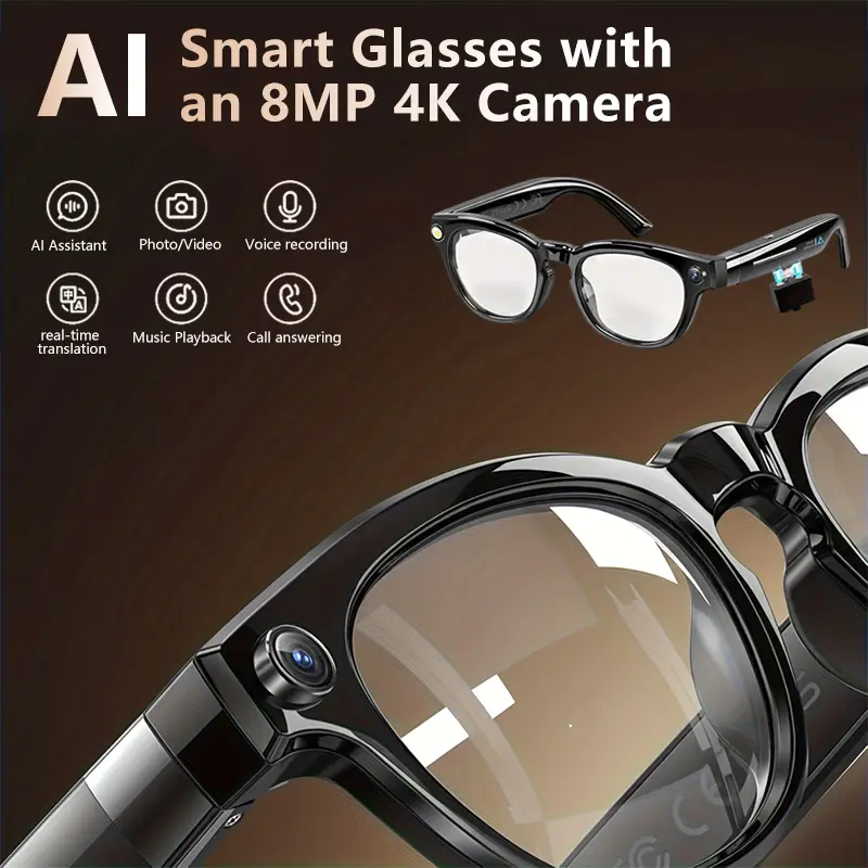 AI Smart Glasses with  8MP HD Camera,4k Photos, 1080P Video Recording , Real Time Translation, Voice Assistant,  for Travel, Meetings & Vlogging, Bluetooth Eyewear with Voice Assistant and Photochromic Lenses ,touch adjustment, audio sunglass