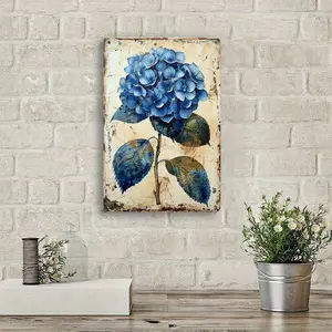 2D Flat, Vintage Hydrangea Metal Tin Sign - Rustic Blue Hydrangea Art Decor for Kitchen, Garden, Bedroom, Office, Cafe & Pub, 12x8 Inch, Distressed Vintage Look, Flower Wall Decor, Perfect for Room Decor