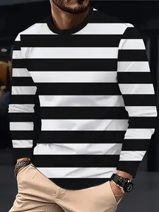 Men's black and white striped printed crew neck long-sleeved T-shirt, casual, classic and stylish streetwear, breathable sportswear for spring and autumn, suitable for everyday wear.