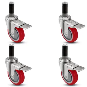 CasterHQ 5 INCH x 1-1/4 INCH SWVIEL with Brake Caster Wheel Set for Commercial/Industrial Kitchen PREP Tables, Total Locking CASTERS - 1400 LBS Capacity PER Set - RED Polyurethane