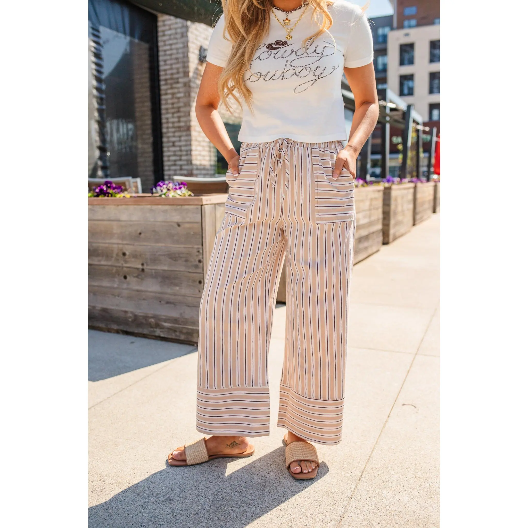 Stripe Stroll Woven Wide Leg Pants - Taupe Combo