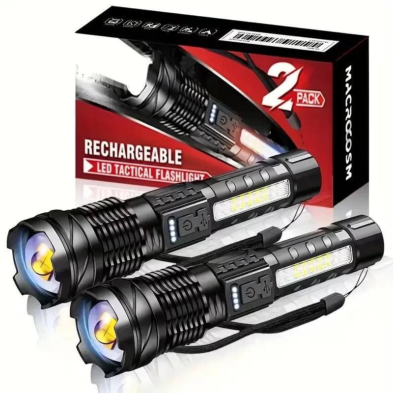 High Lumen Rechargeable LED ultra-bright Flashlight with 6 Lighting Modes, Powerful Handheld Strobe Light, IP44 Protection Rating, Ideal for Camping, Home outdoor Emergencies