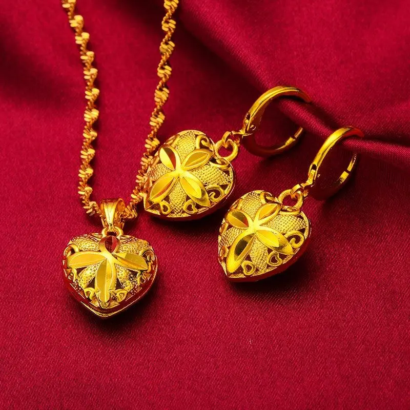 Vietnamese Gold Sand Necklace Gold-Plated Women's Jewelry Set - Elegant Heart Earrings & Water Ripple Necklace - Versatile Fashion Accessory for Women Gold Plating Subtle Elegance Effortlessly