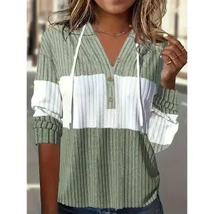 Half Button Color Block Drawstring Hoodie, Long Sleeve Casual Hooded Sweatshirt for Spring & Fall, Women's Clothing