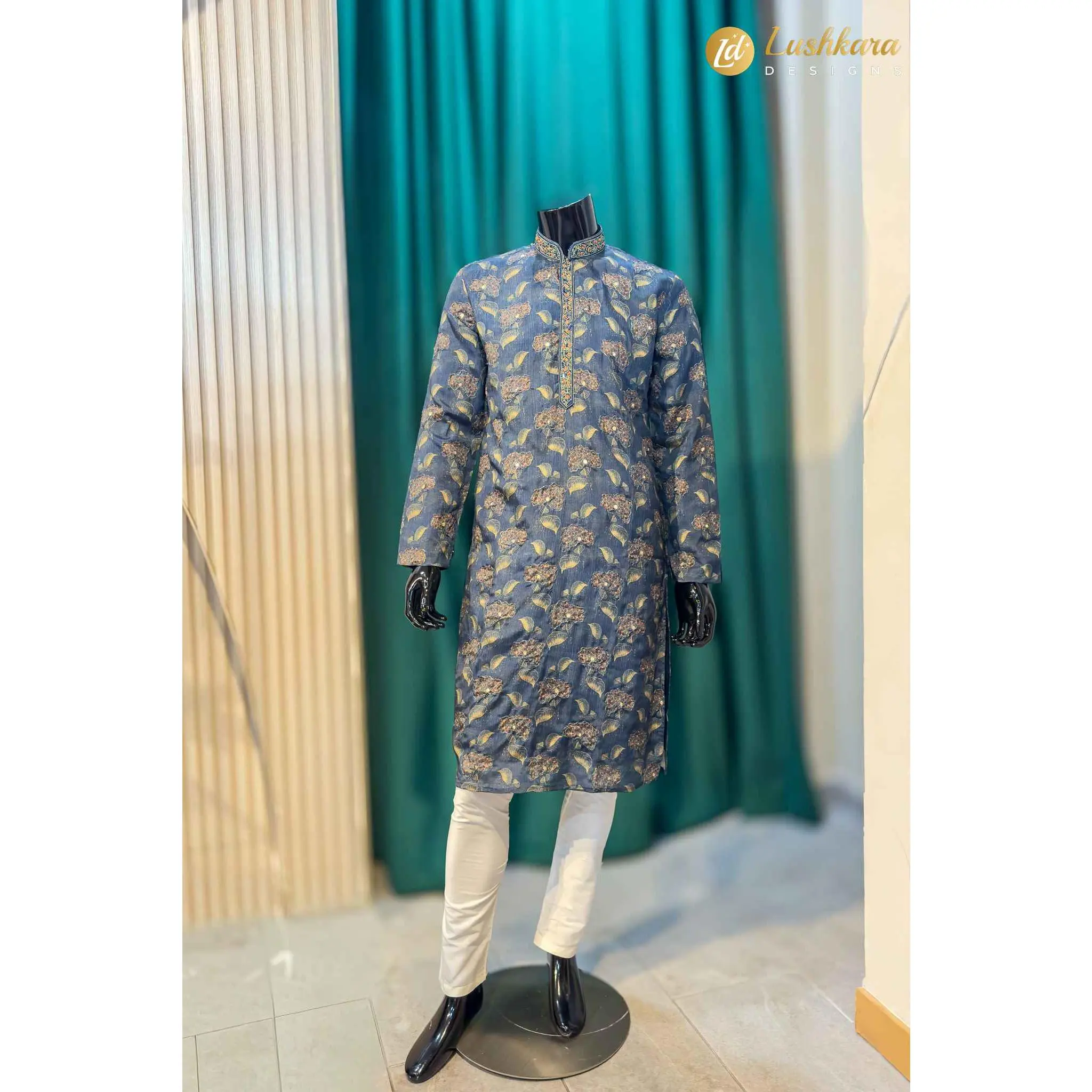 Lushkara Teal Floral Printed Mens Kurta Set