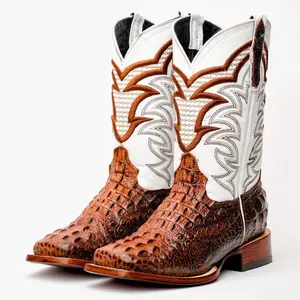 Cognac Caiman Neck Leather Boots - Square Toe
