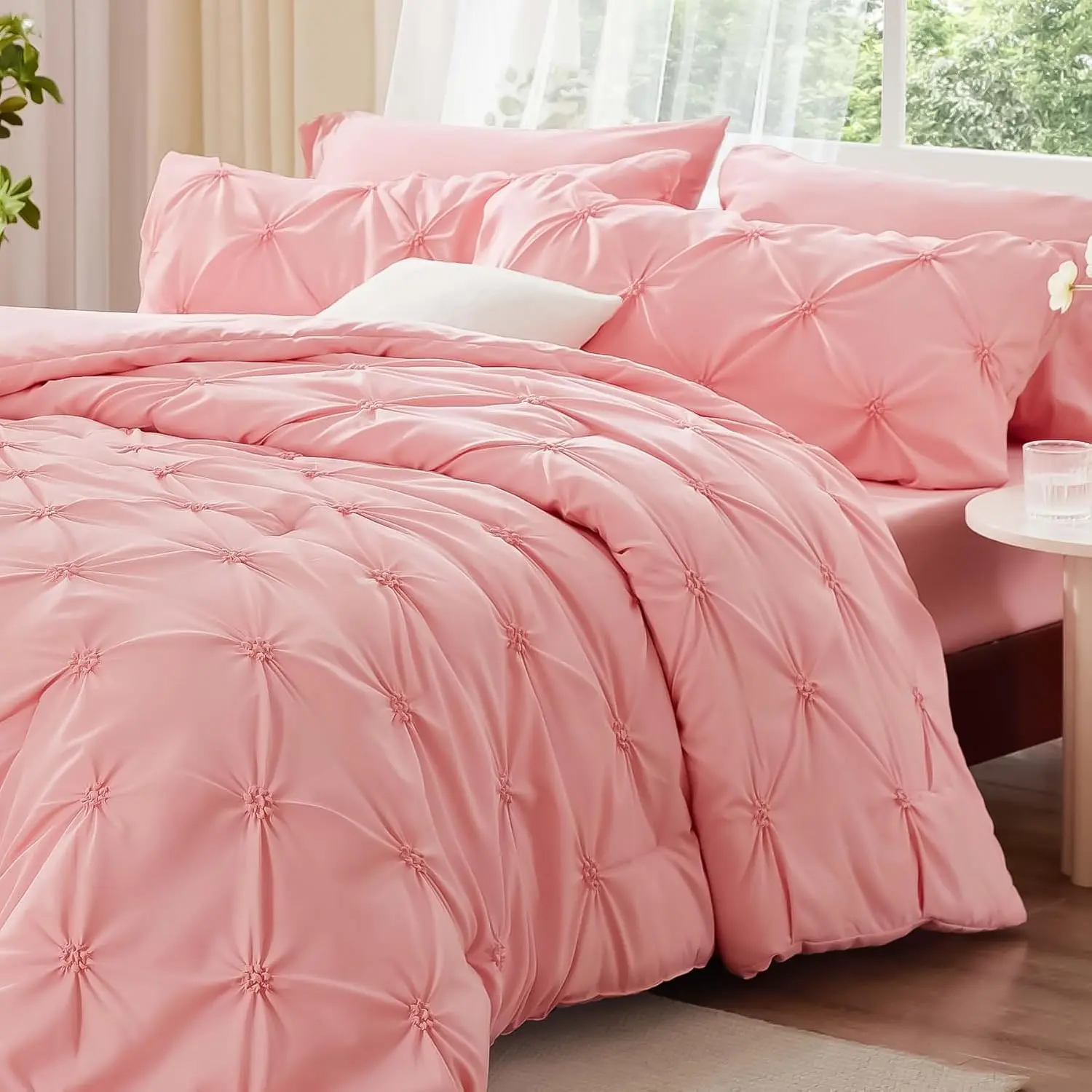 Comforter Set Queen - 3 Pieces Boho Pintuck Bedding Comforter Sets, Lightweight Soft & Warm Bed Comforter Queen with 2 Pillowcases for All Season