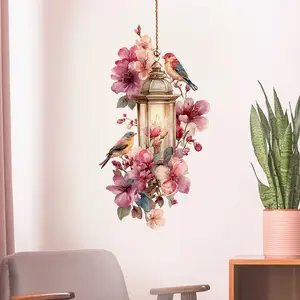 Floral Bird Lantern Wall Sticker, Warm Design for Living Room, Bedroom, Kitchen, Door, Wall Decor, Easy Removable Self-Adhesive PVC Wallpaper, Decorative Stickers