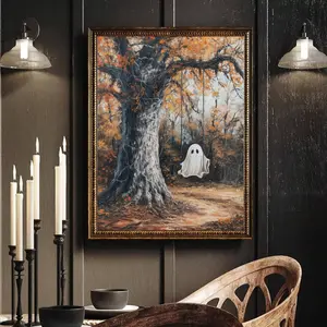 Humorous Style Canvas Art Poster of Ghost on Lounge Chair, Perfect Wall Art for Home Office, Bedroom, Living Room, Thanksgiving Gift Idea
