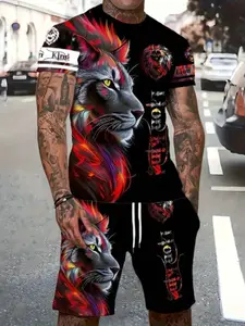 Men's Letter Lion Print Round Neck Short Sleeve Casual T-Shirt Set with Belted Waist Shorts, Fitted Knee Length Outfit
