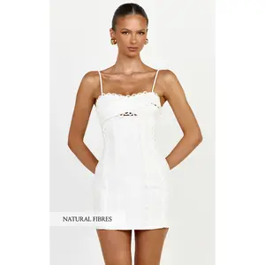 Gigi Mini Linen Blend Dress - Sweetheart Tie Back Scallop Detail Dress in Off White