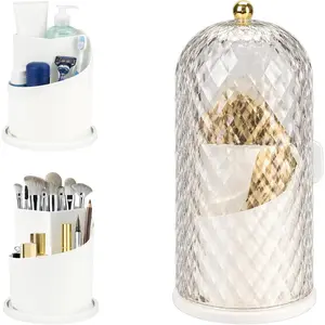Concealed Toothbrush Holder with Lid, Makeup Brush Organizer, 360 Rotating White Clear Dustproof Box, Pattern Waterproof Cover for Dresser Desktop Tabletop Countertop